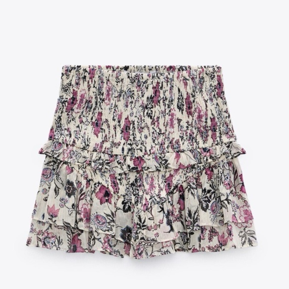 Zara Cream and Purple Floral Paisley Mini Skirt with Ruffles